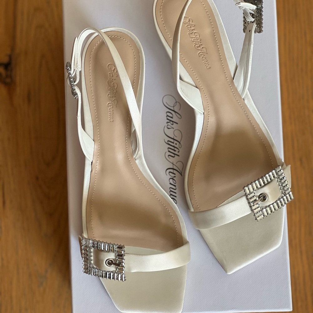 Saks Fifth Avenue Ivory Satin Slingback Heels